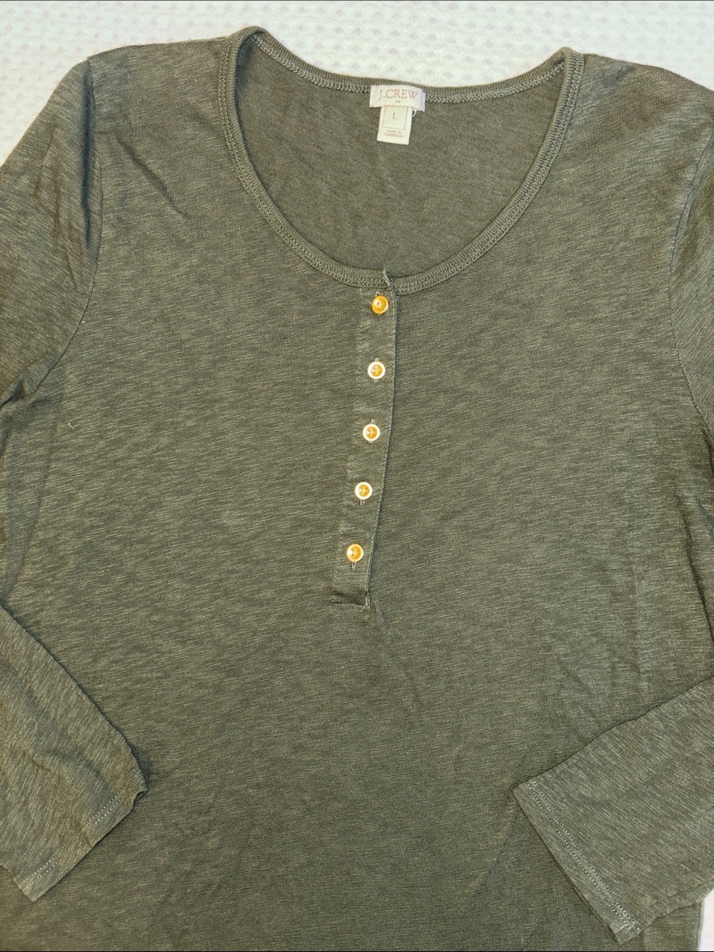 J. Crew LARGE Dark Olive Green Long-Sleeve Henley Tee Gold Buttons